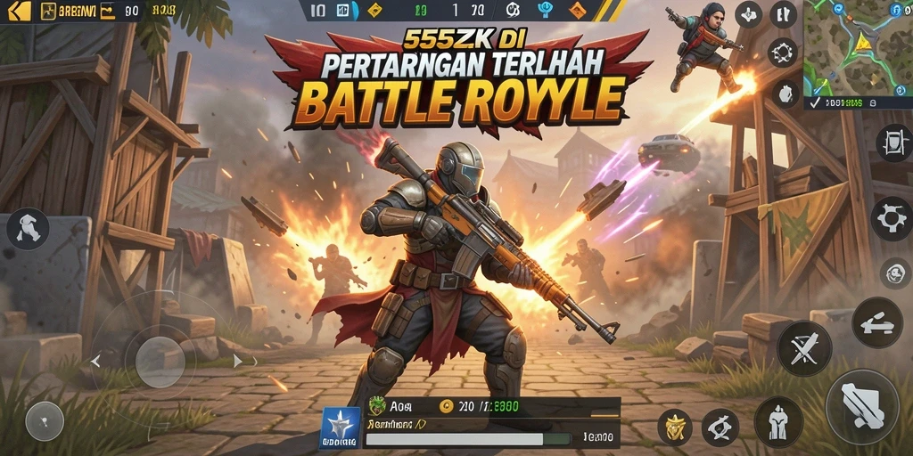 Screenshot gameplay 555ZK dengan aksi pertarungan intens di arena Battle Royale.