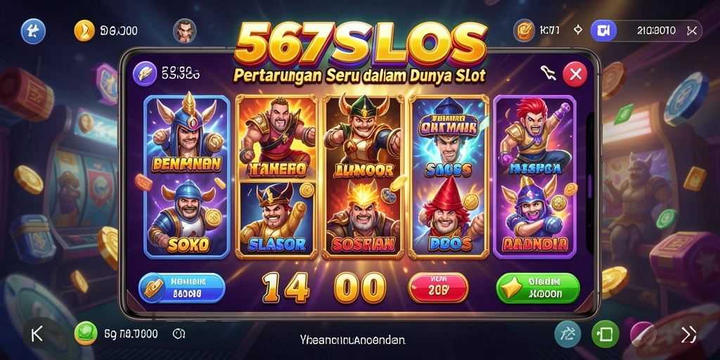 Tampilan gameplay 567SLOTS menampilkan aksi pertarungan yang intens dan slot yang mengasyikkan.