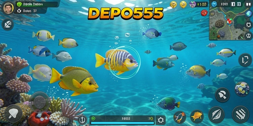 Tampilan gameplay seru di DEPO555 saat berburu ikan.