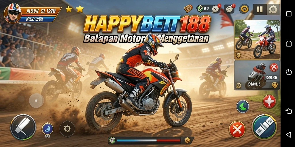 Tampilan gameplay seru di <strong>HAPPYBET188</strong> saat balapan motor di lintasan.