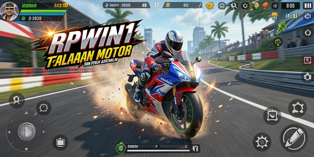 Screenshot menampilkan aksi balapan motor yang mendebarkan dalam RPWIN1.