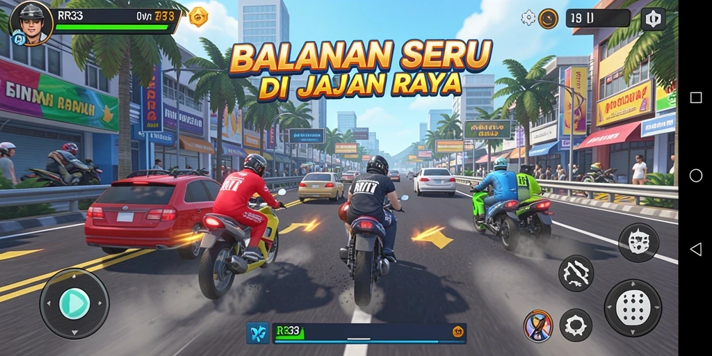 Gameplay RR33 yang mendebarkan dalam balapan kompetitif.