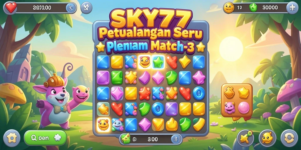 Tangkapan layar gameplay <strong>SKY77</strong> yang menampilkan aksi Match-3 yang seru dan berwarna-warni.