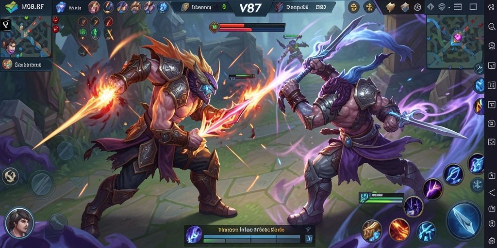 Screenshot gameplay V87 menunjukkan pertarungan tim yang intens dan strategi yang mendebarkan.